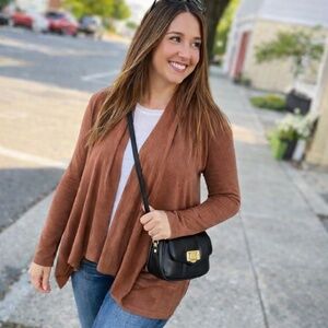 Classic Workwear Draped Open Front Sweater Lightweight Knit‎ Brown